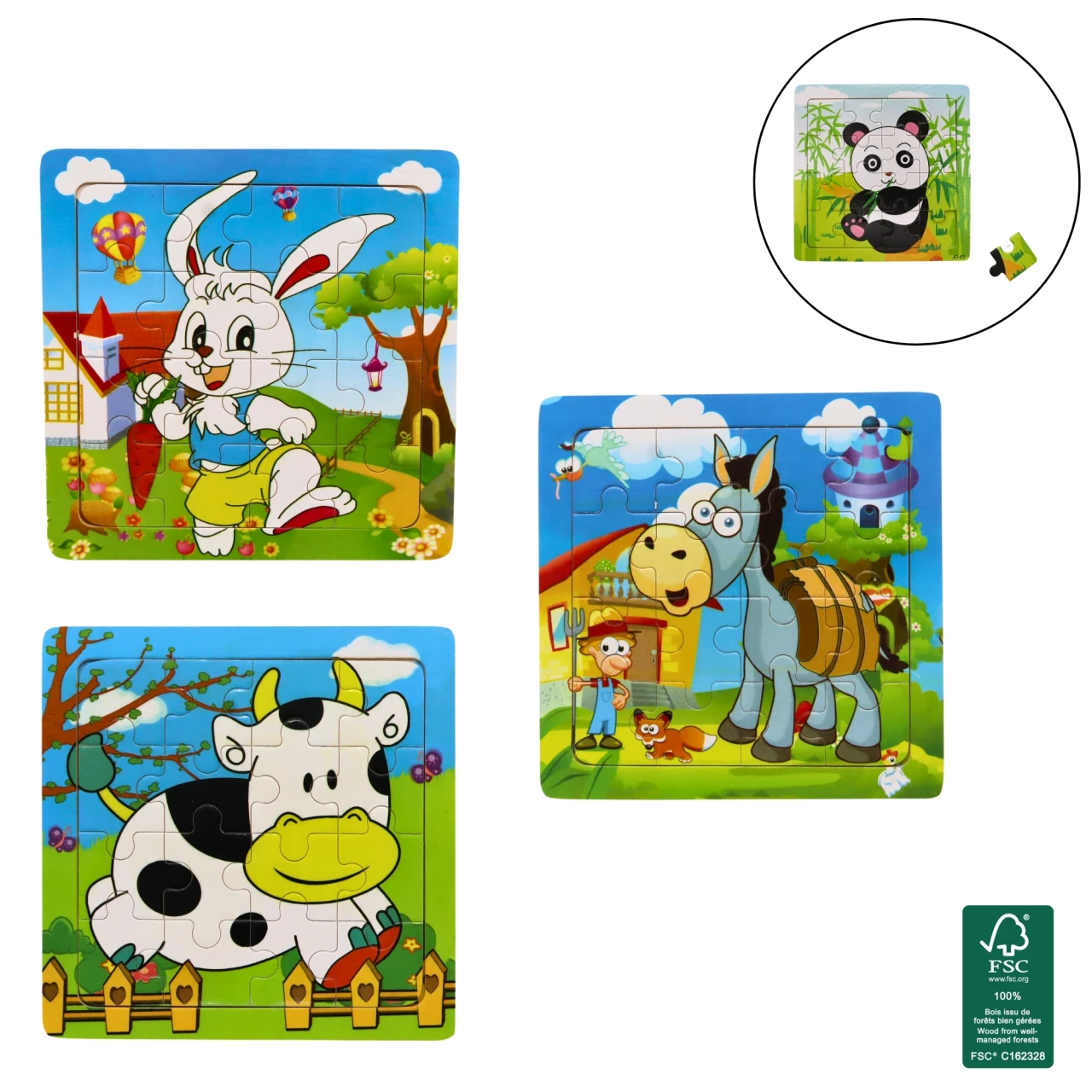 PUZZLE ANIMAL 16 PIECES EN BOIS 15X15CM 4 MODELES ASSORTIS