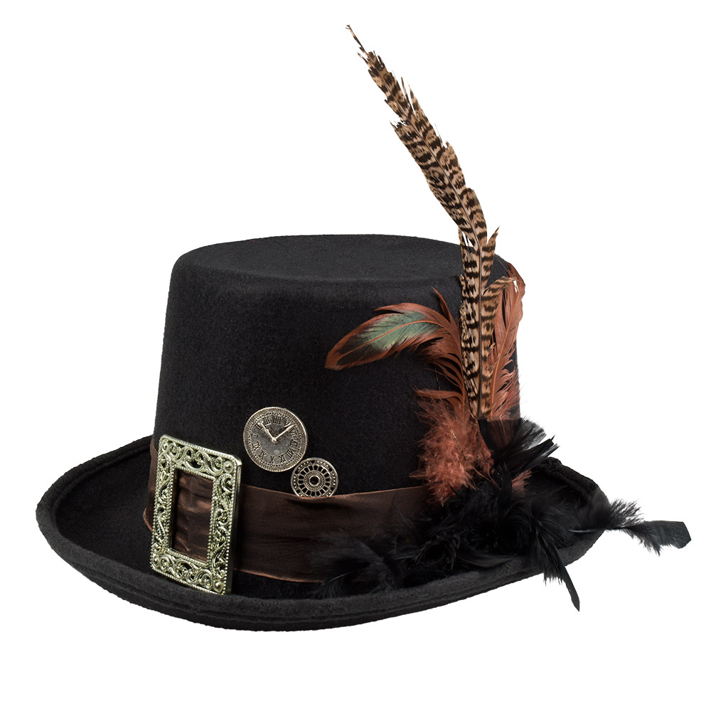 CHAPEAU STEAMPUNK (Chapeau Haut de forme) Boucle et plumes