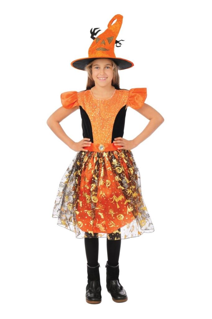 COSTUME DE PETITE SORCIÈRE ORANGE 4 Tailles enfants