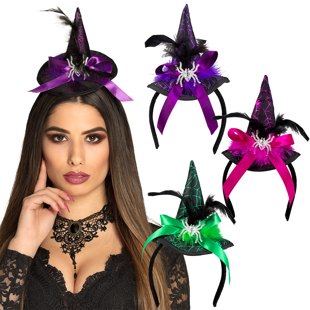 MINI CHAPEAU DE SORCIÈRE (Serre tête - 3 coloris) Araignée + noeud