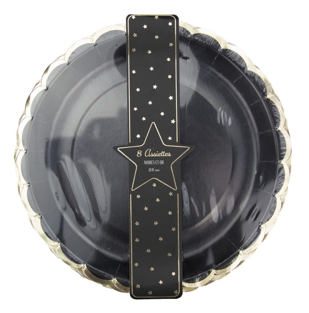 ASSIETTES NOIRES ET OR (Pack de 8 assiettes 23 cm)