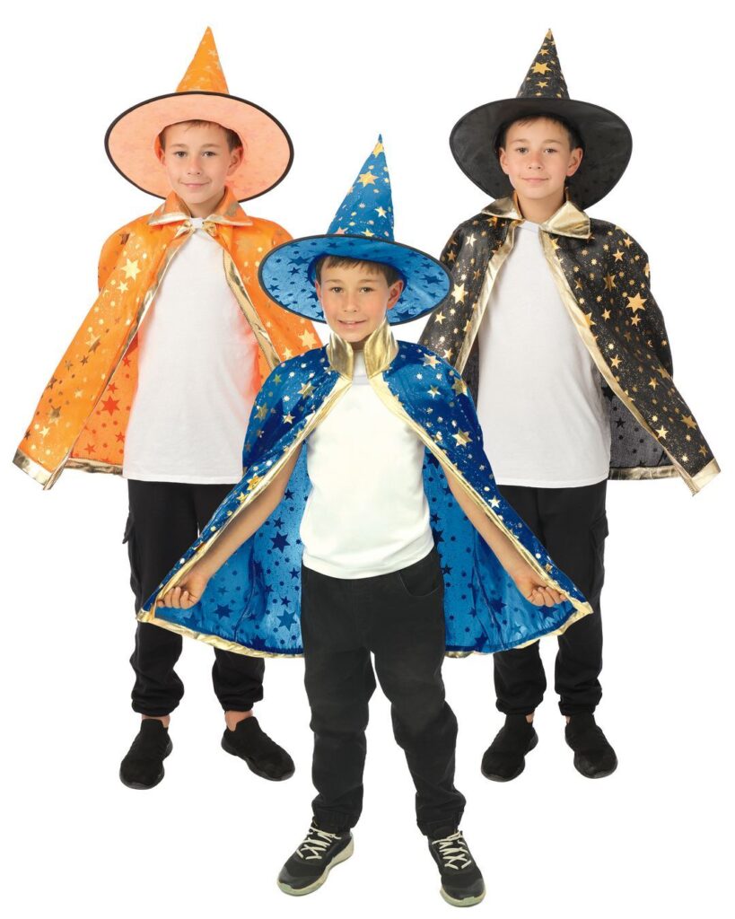 SET DE PETIT SORCIER STAR (Chapeau et cape étoiles) Taille standard enfant -3 modèles assortis