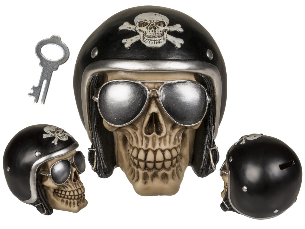 TIRELIRE TÊTE DE MORT BIKER (Modèle motard 16 x 13 cm)