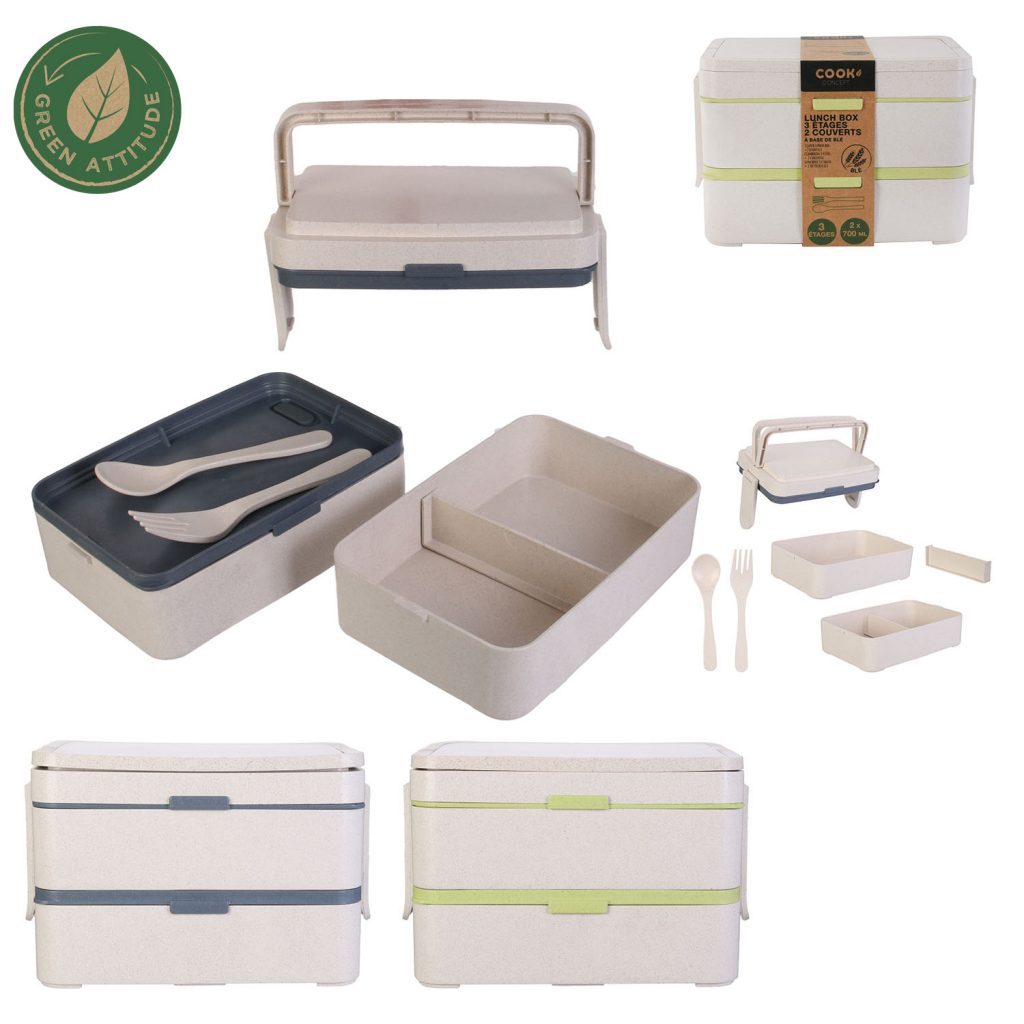 LUNCH BOX DE PIQUE NIQUE (3 étages avec couverts) Taille 18.5 x 12.5 x 13.2 cm