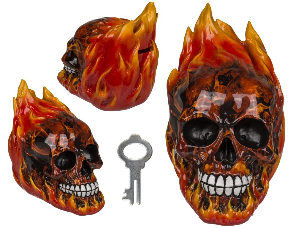 TIRELIRE TÊTE DE MORT (Crâne enflammé 16 x 16cm)