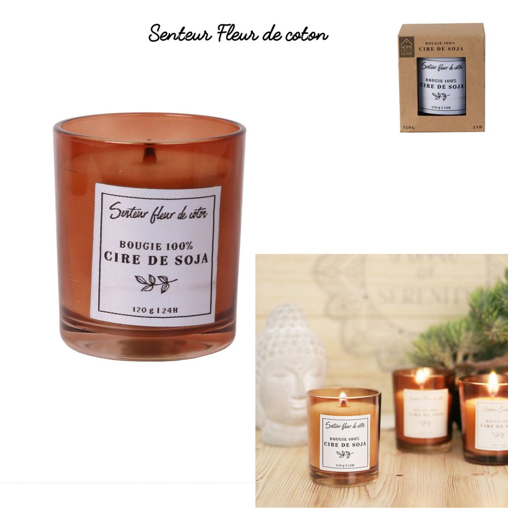 BOUGIE PARFUMÉE COTON (Garantie100% cire de soja) Mèche en bois