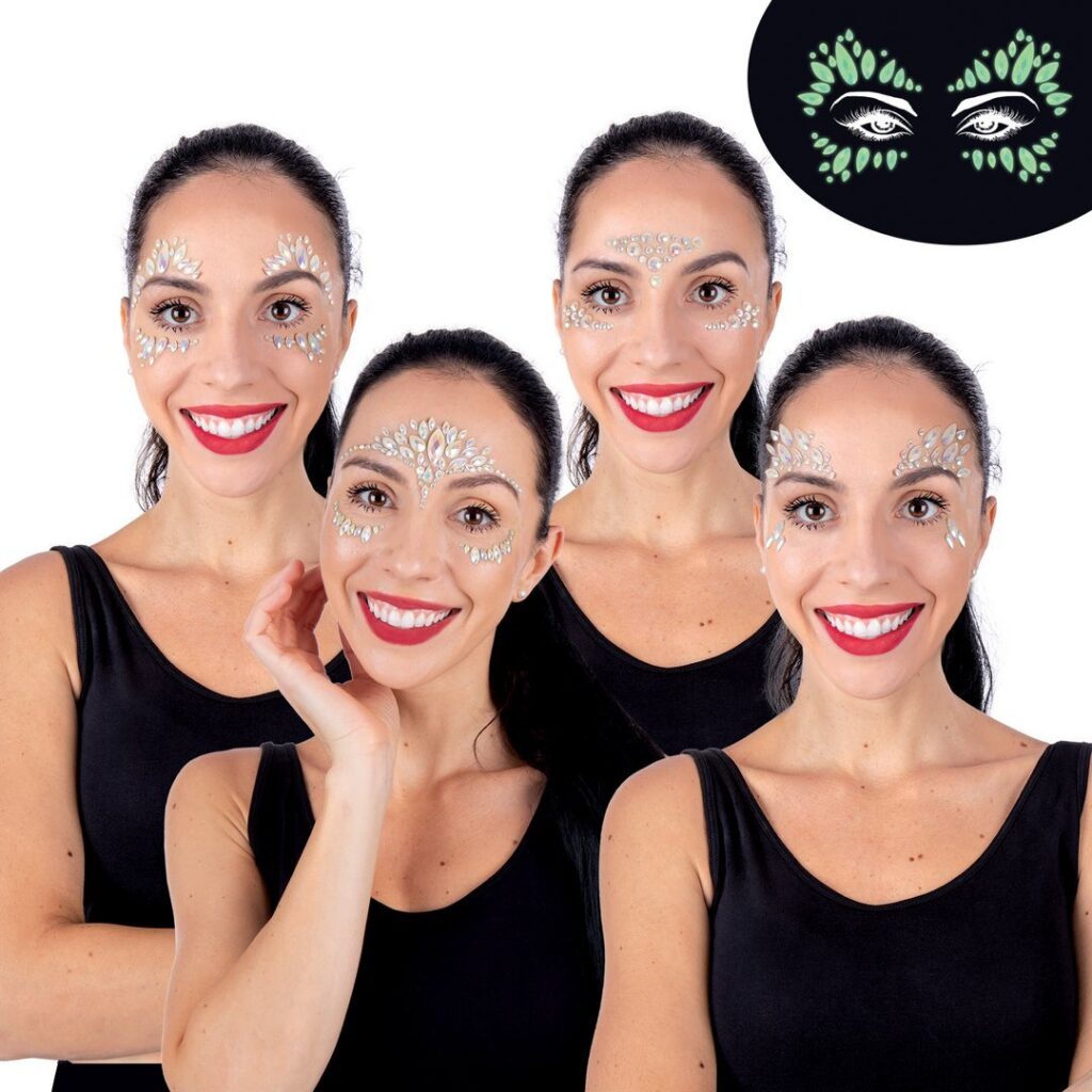 BIJOUX STRASS VISAGE (Pack 12 pièces pour visage) 4 modèles assortis phosporescent