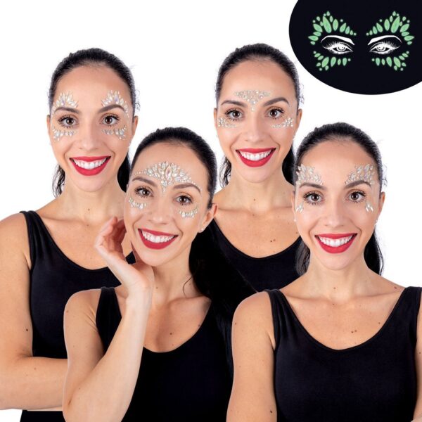 BIJOUX STRASS VISAGE (Pack 12 pièces pour visage) 4 modèles assortis phosporescent