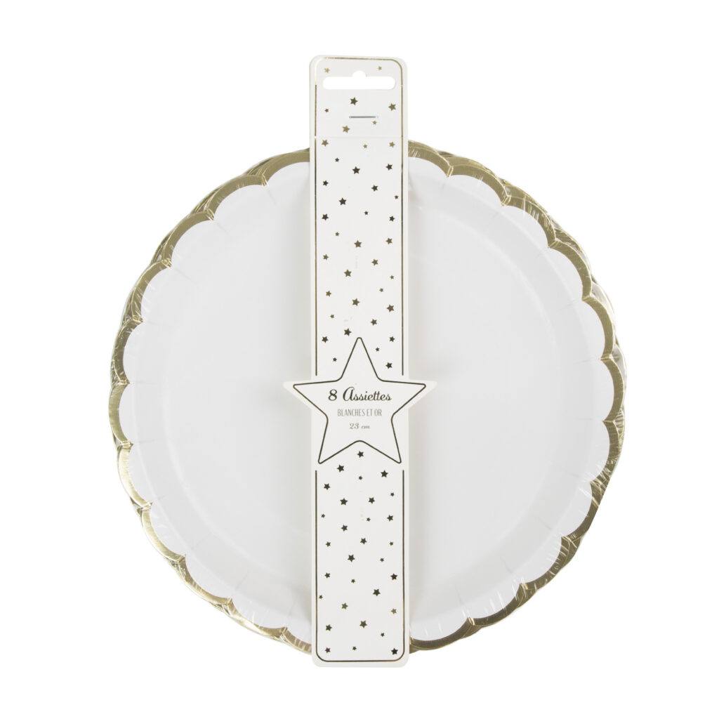 ASSIETTES BLANCHES ET OR (Pack 8 assiettes 23 cm)
