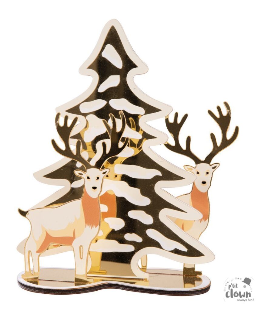 CENTRE DE TABLE DE NOEL (Rennes et sapin 20 cm) Couleur Or - Effet miroir