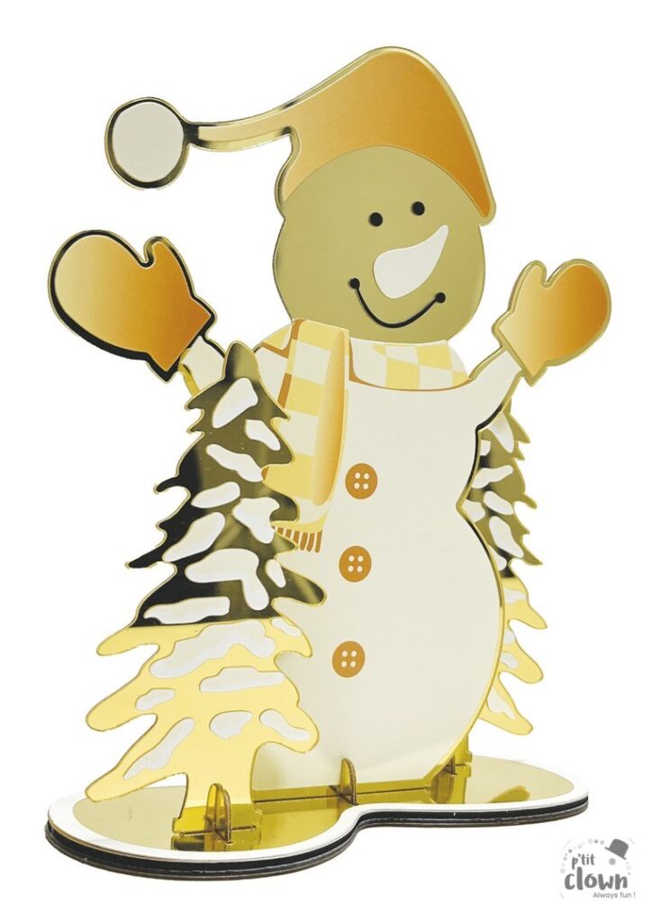 CENTRE DE TABLE DE NOEL (Bonhomme de neige 20 cm) Couleur Or - Effet miroir