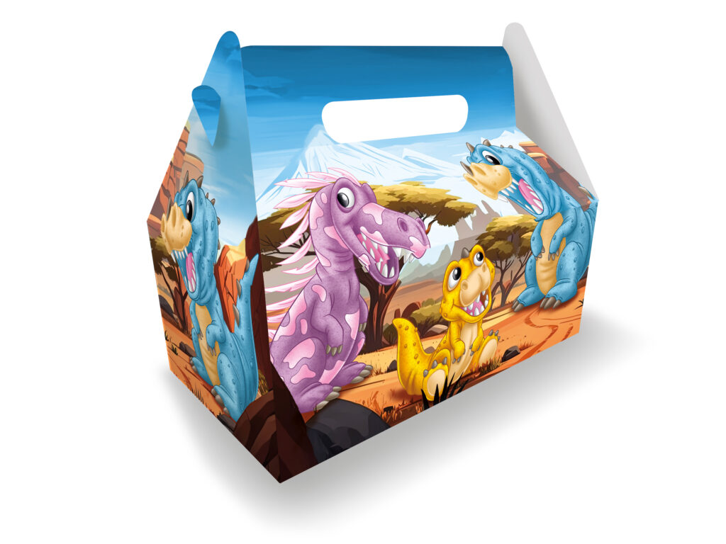 BOITE MENU POUR ENFANT (Thème des dinosaures) Dimension 23 x 23 x 12 cm
