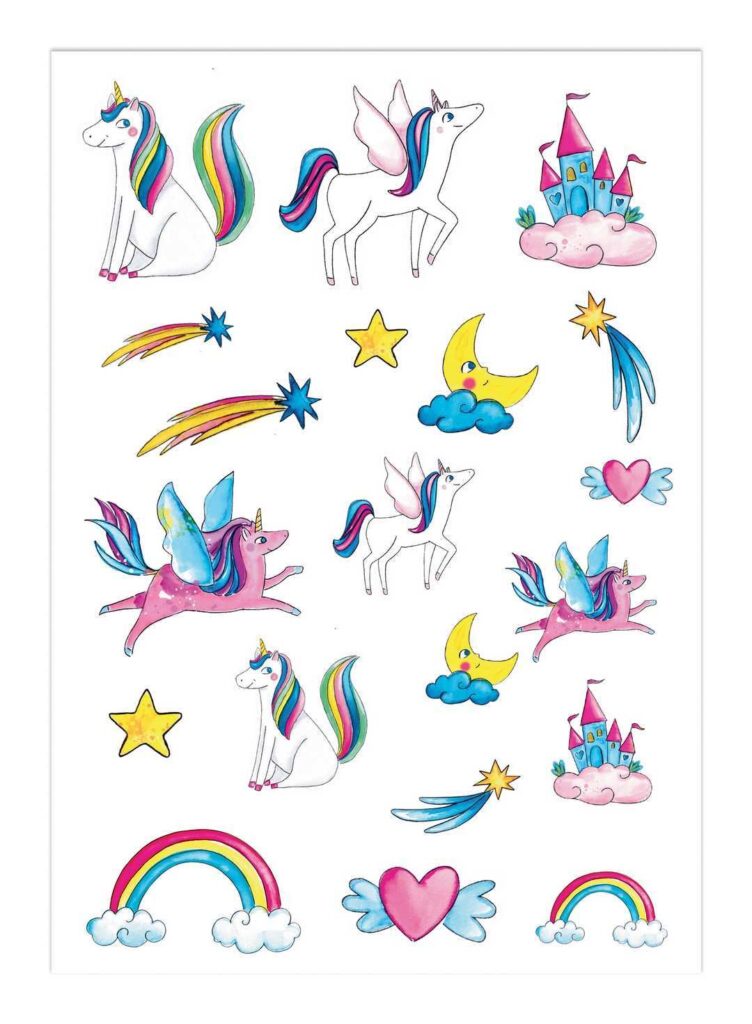 TATOUAGES LICORNES (Pochette avec assortiment) Taille 14.8 x 21 cm