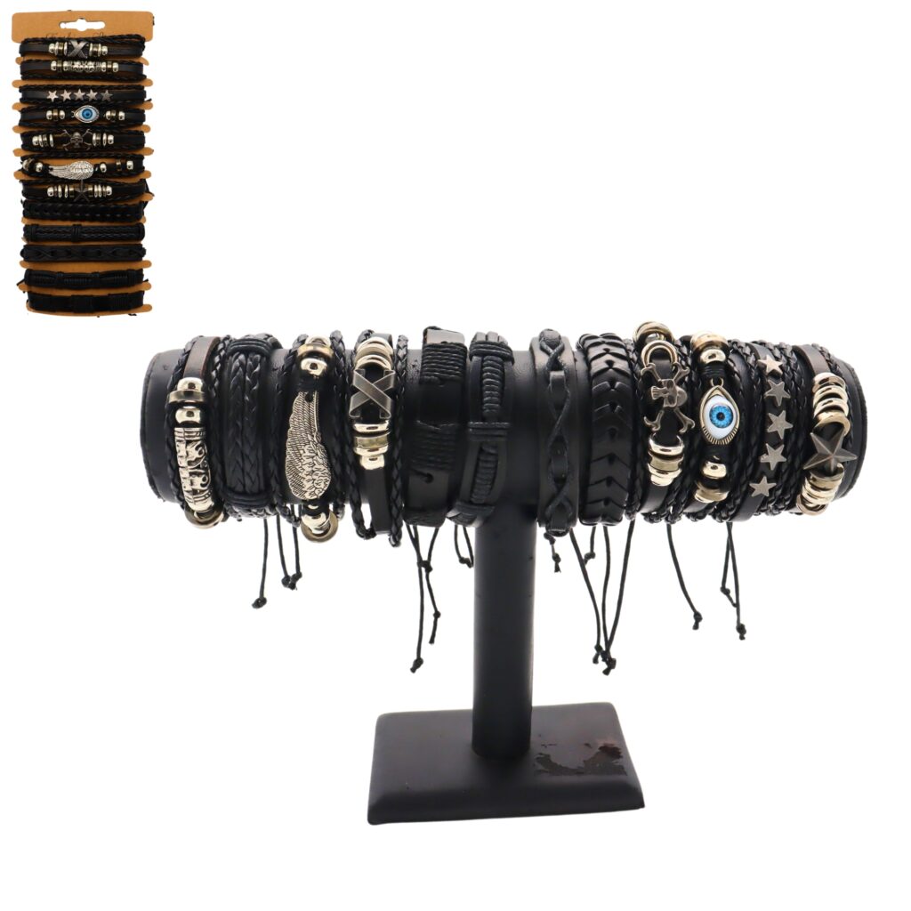 BRACELET EN CUIR FUN (Bracelets assortis) Présentoir 12 pièces