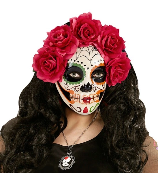 MASQUE JOUR DES MORTS DECORE AVEC ROSES ROUGES"