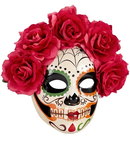 MASQUE JOUR DES MORTS DECORE AVEC ROSES ROUGES"
