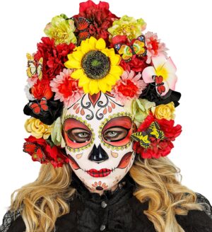 MASQUE JOUR DES MORTS "DIA DE LOS MUERTOS MASQUE AU TOURNESOL ET FLEURS COLORÉES" – Image 2