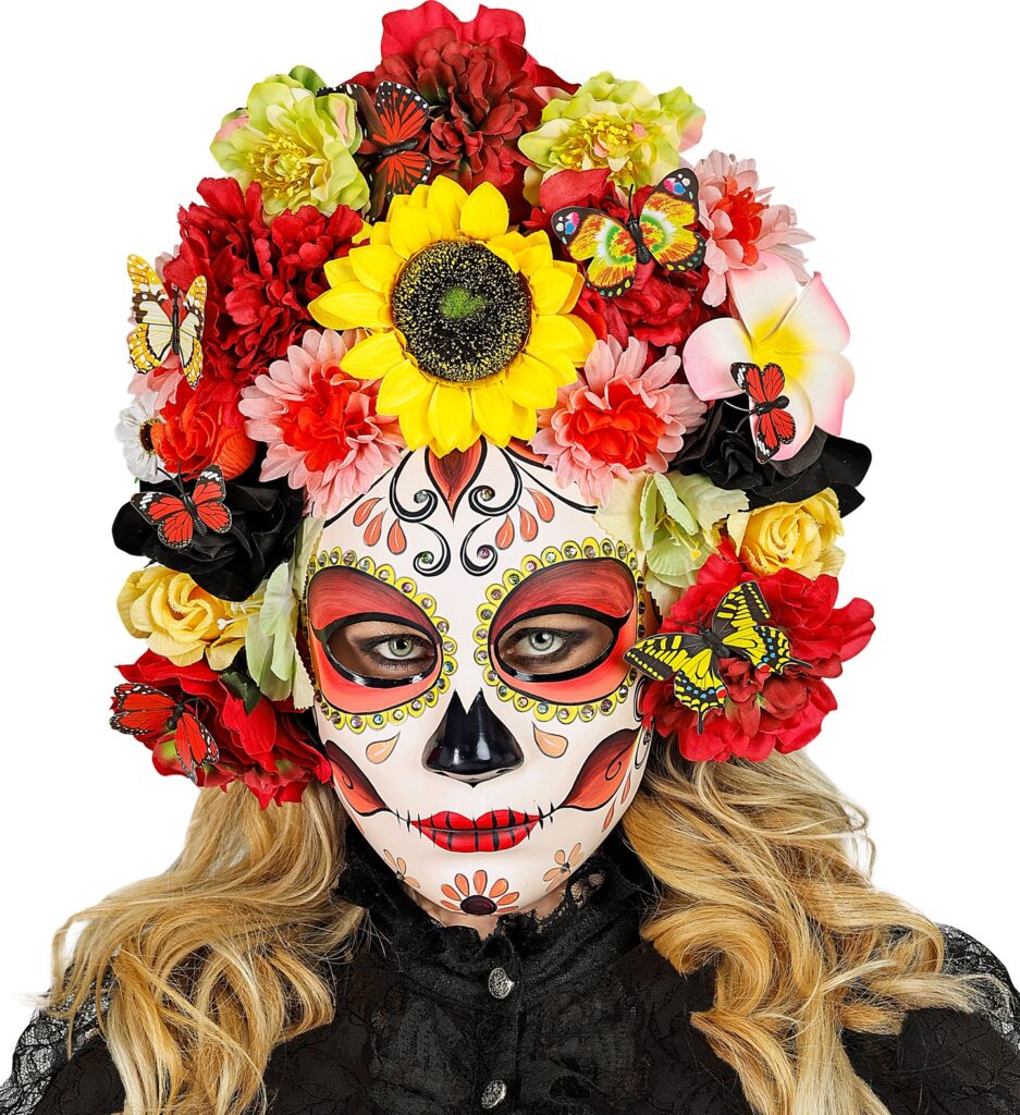 MASQUE JOUR DES MORTS "DIA DE LOS MUERTOS MASQUE AU TOURNESOL ET FLEURS COLORÉES"
