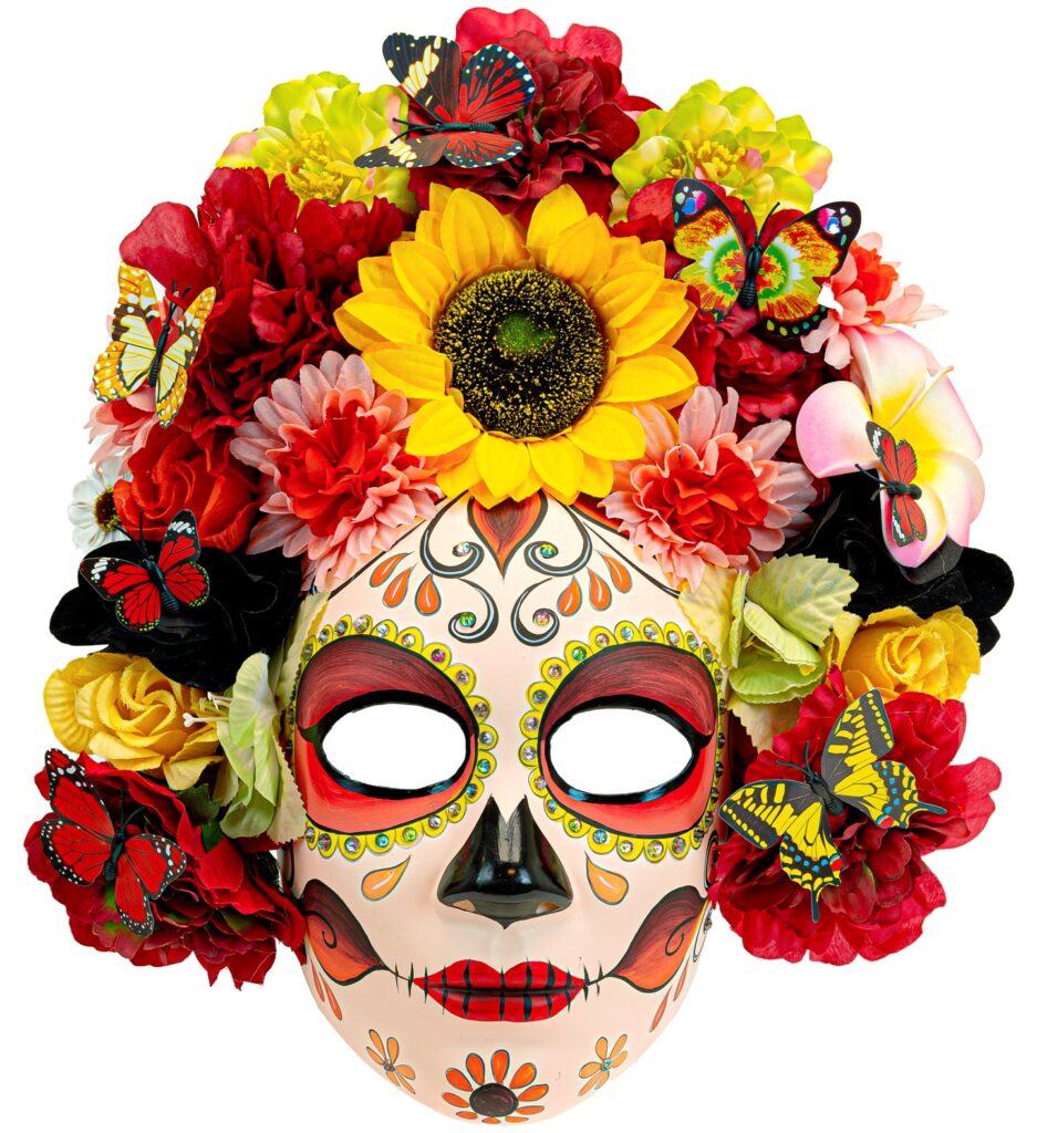MASQUE JOUR DES MORTS "DIA DE LOS MUERTOS MASQUE AU TOURNESOL ET FLEURS COLORÉES"