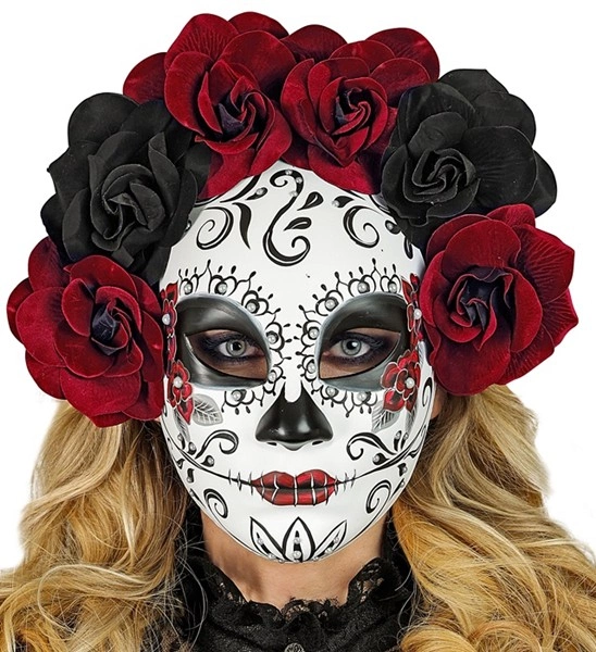 MASQUE JOUR DES MORTS DIA DE LOS MUERTOS MASQUE AVEC ROSES NOIRES ET BOURGOGNES