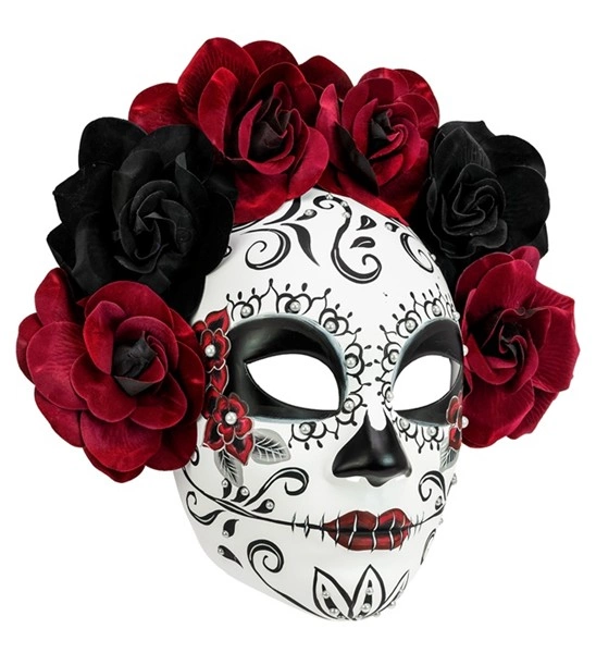 MASQUE JOUR DES MORTS DIA DE LOS MUERTOS MASQUE AVEC ROSES NOIRES ET BOURGOGNES