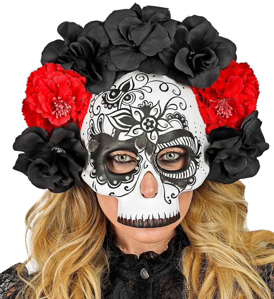 MASQUE JOUR DES MORTS "DIA DE LOS MUERTOS MASQUE CRÂNE AVEC ROSES NOIRES ET ROUGES"