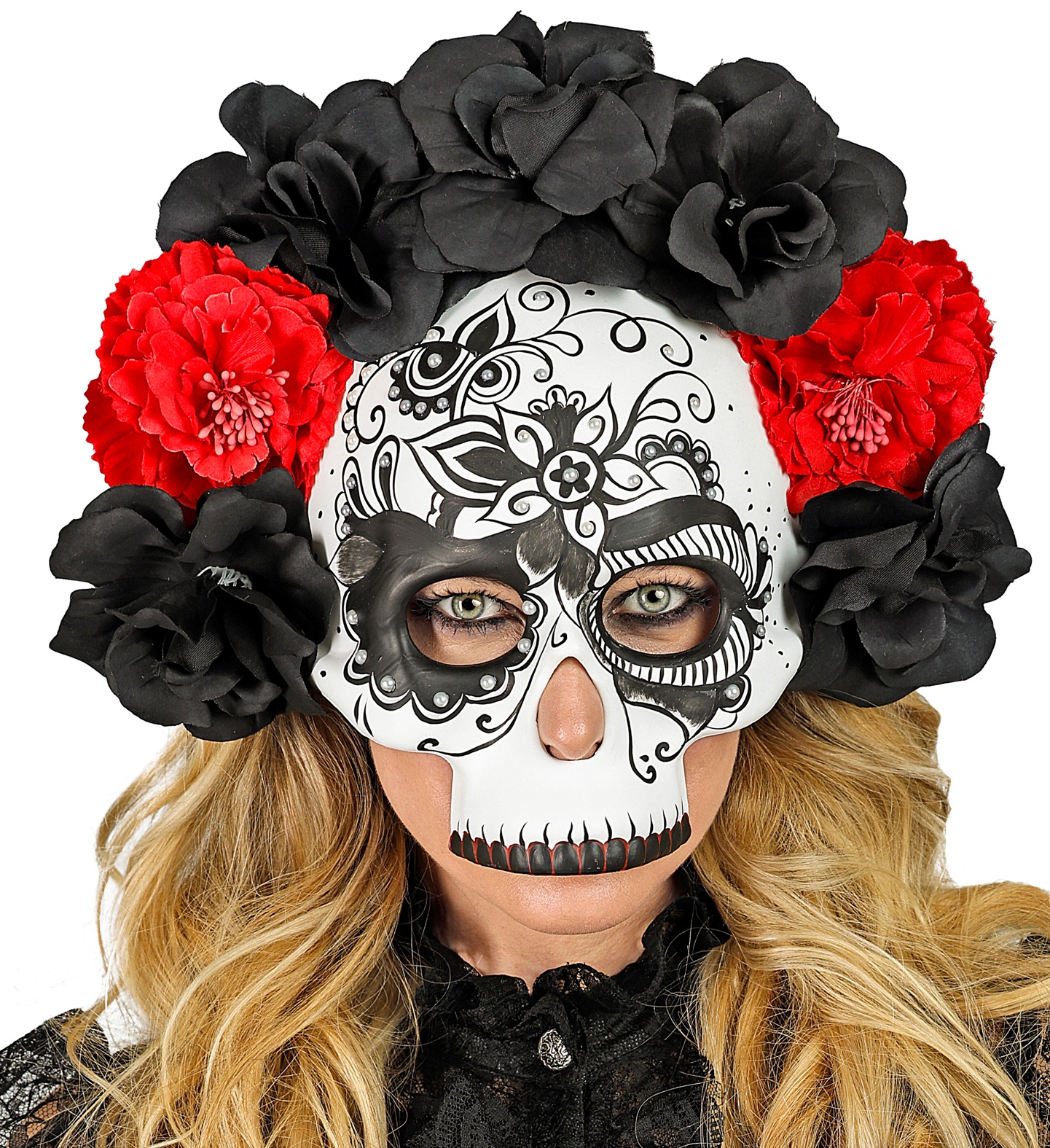 MASQUE JOUR DES MORTS "DIA DE LOS MUERTOS MASQUE CRÂNE AVEC ROSES NOIRES ET ROUGES" – Image 2