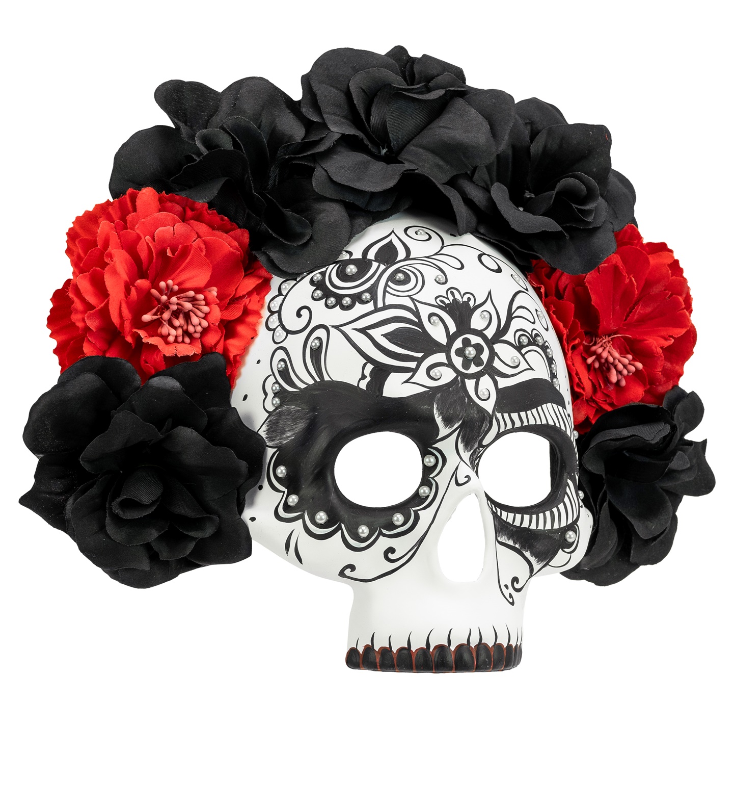 MASQUE JOUR DES MORTS "DIA DE LOS MUERTOS MASQUE CRÂNE AVEC ROSES NOIRES ET ROUGES" – Image 1