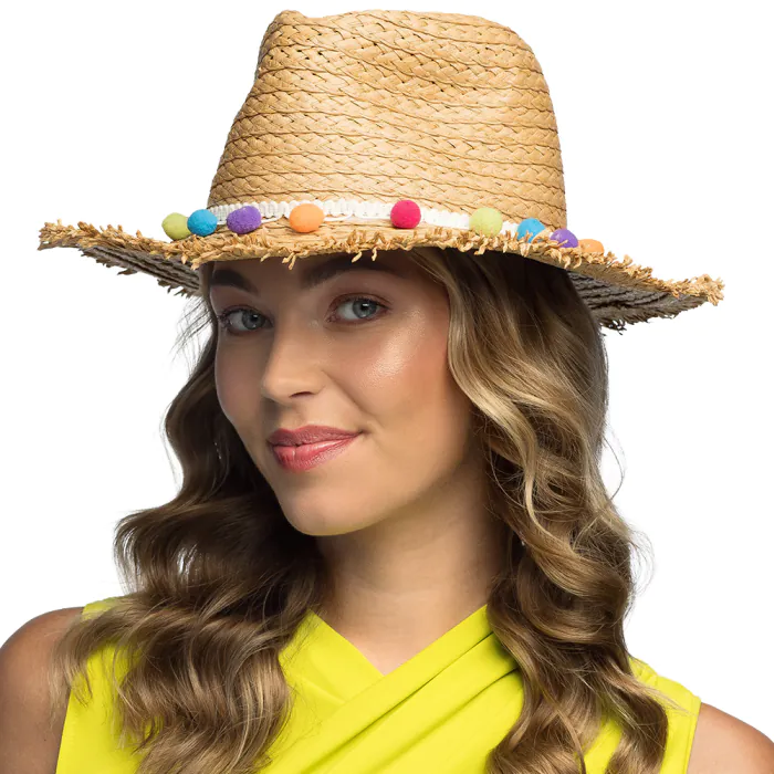 CHAPEAU DE PAILLE AVEC PONPONS