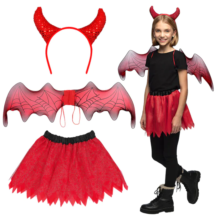 SET DE DIABLE POUR ENFANT (Serre tête, tutu, ailes et baguette) Taille enfant unique