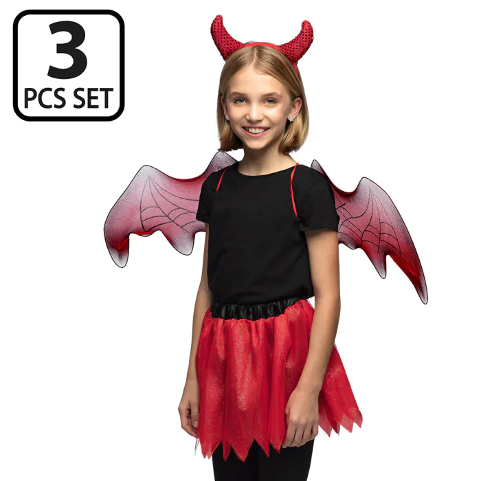 SET DE DIABLE POUR ENFANT (Serre tête, tutu, ailes et baguette) Taille enfant unique